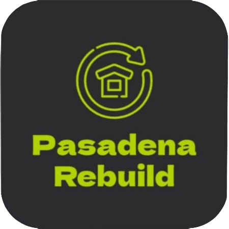 logo Logo with a house icon inside a circular arrow and the text "Pasadena Rebuild" in green on a dark background.